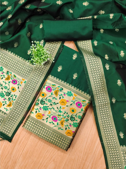 Generic Women's Banarasi Silk Printed Unstitched Salwar Suit Material With Dupatta (Bottle Green, 3Mtrs)