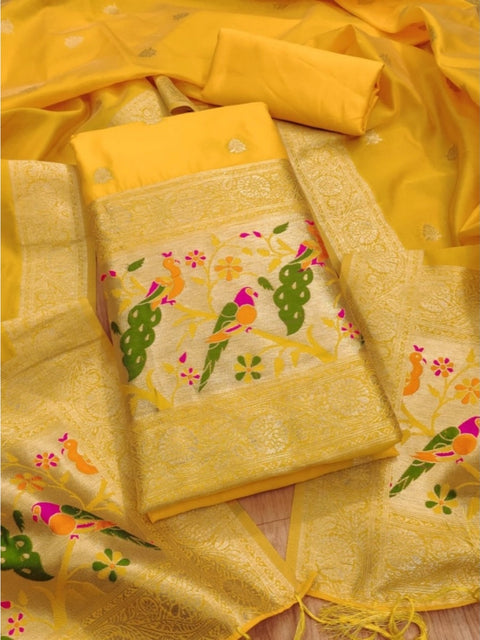 Generic Women's Banarasi Silk Printed Unstitched Salwar Suit Material With Dupatta (Yellow, 3Mtrs)