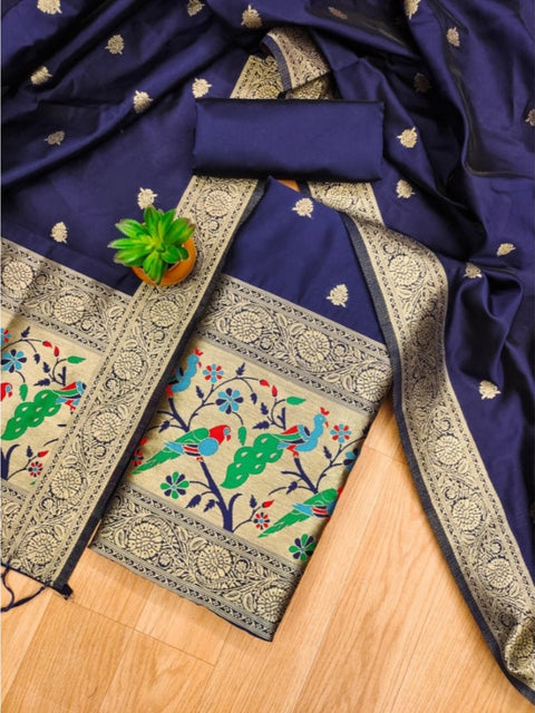 Generic Women's Banarasi Silk Printed Unstitched Salwar Suit Material With Dupatta (Navy Blue, 3Mtrs)