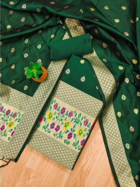 Generic Women's Banarasi Silk Printed Unstitched Salwar Suit Material With Dupatta (Bottle Green, 3Mtrs)