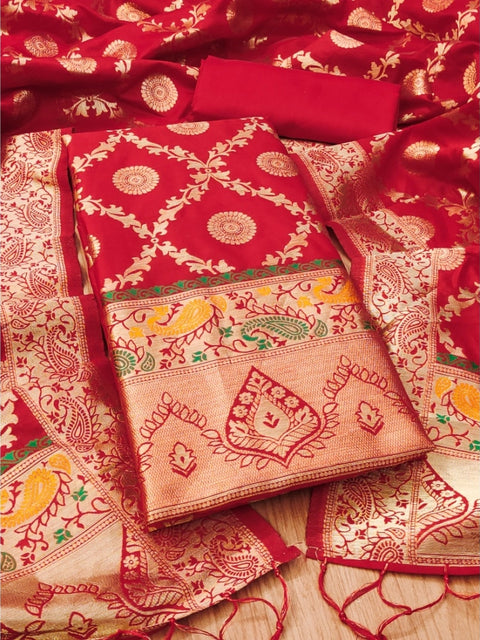 Generic Women's Banarasi Silk Printed Unstitched Salwar Suit Material With Dupatta (Red, 3Mtrs)