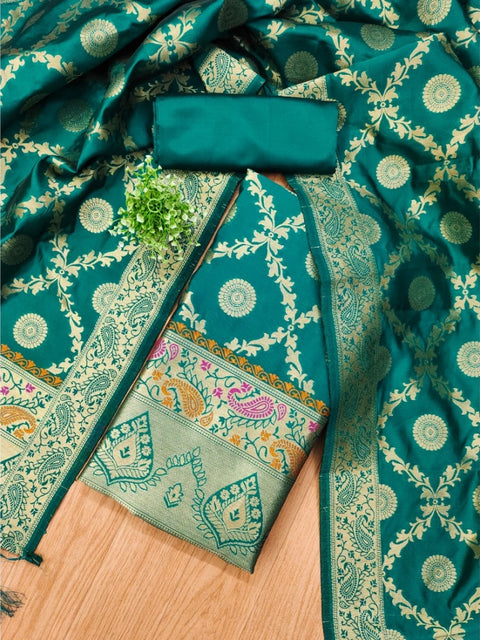 Generic Women's Banarasi Silk Printed Unstitched Salwar Suit Material With Dupatta (Rama, 3Mtrs)