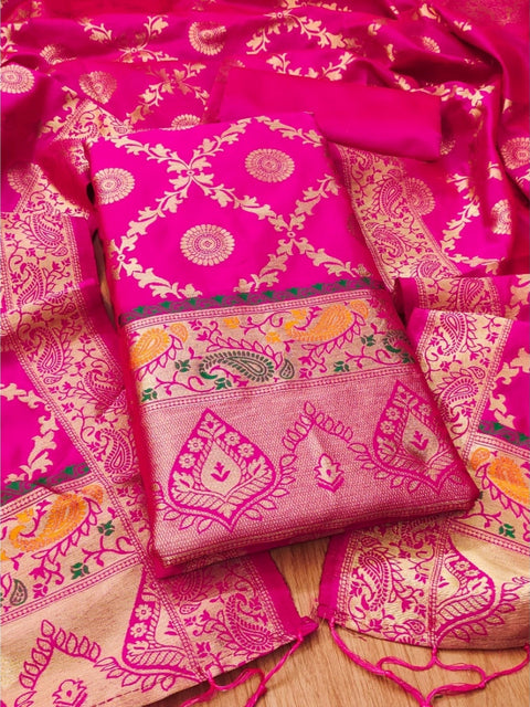 Generic Women's Banarasi Silk Printed Unstitched Salwar Suit Material With Dupatta (Pink, 3Mtrs)