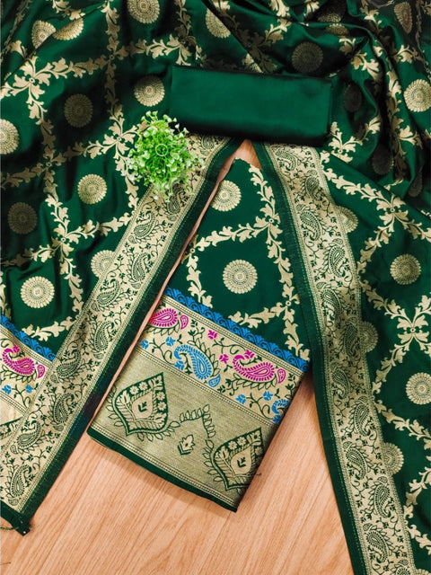 Generic Women's Banarasi Silk Printed Unstitched Salwar Suit Material With Dupatta (Bottle Green, 3Mtrs)