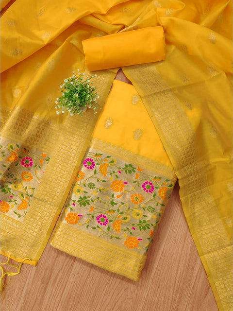 Generic Women's Banarasi Silk Printed Unstitched Salwar Suit Material With Dupatta (Yellow, 3Mtrs)