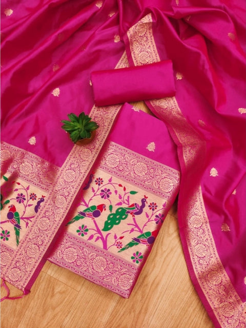 Generic Women's Banarasi Silk Printed Unstitched Salwar Suit Material With Dupatta (Pink, 3Mtrs)