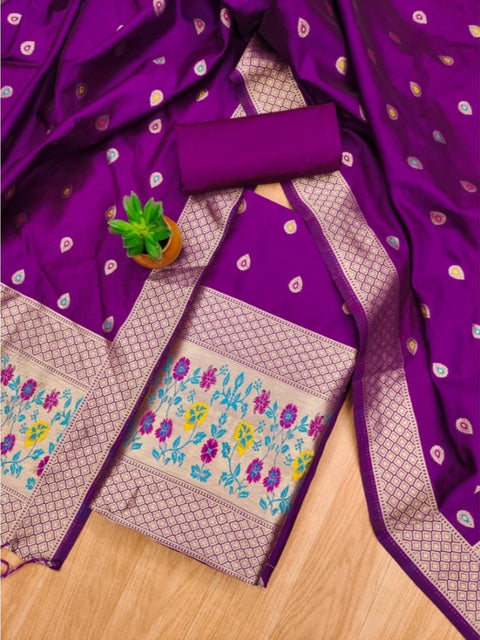 Generic Women's Banarasi Silk Printed Unstitched Salwar Suit Material With Dupatta (Purple, 3Mtrs)