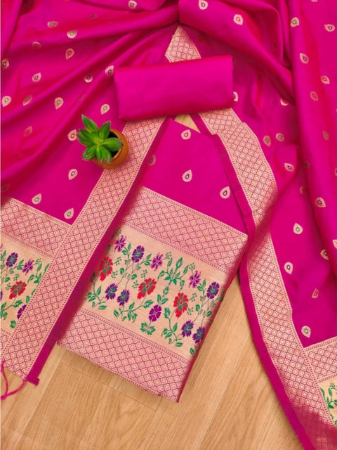 Generic Women's Banarasi Silk Printed Unstitched Salwar Suit Material With Dupatta (Pink, 3Mtrs)