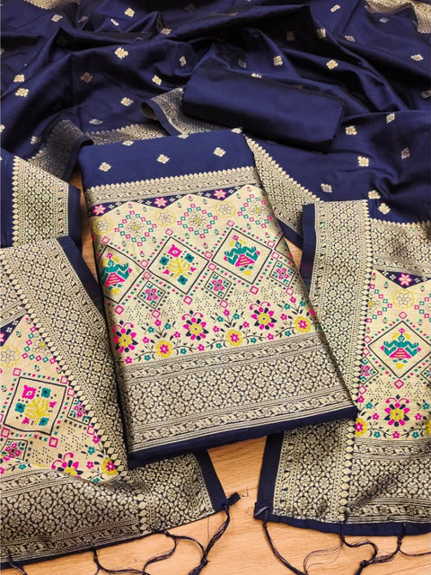 Generic Women's Banarasi Silk Printed Unstitched Salwar Suit Material With Dupatta (Navy Blue, 3Mtrs)