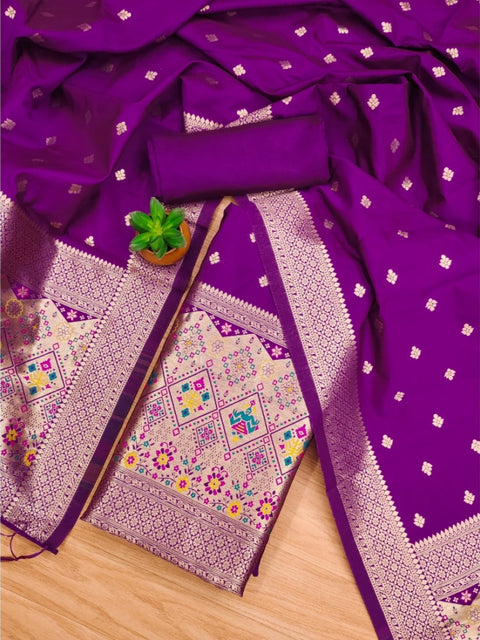 Generic Women's Banarasi Silk Printed Unstitched Salwar Suit Material With Dupatta (Purple, 3Mtrs)