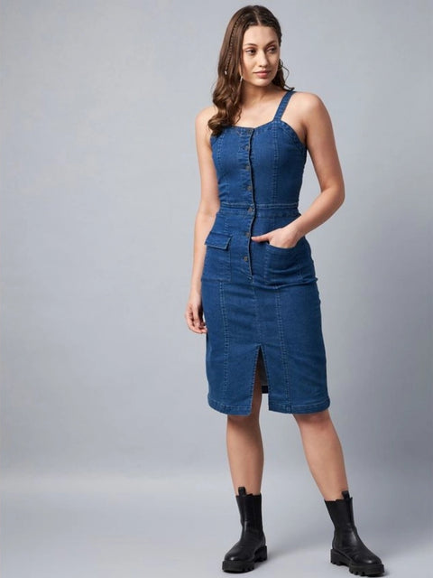 Generic Women's Denim Lycra Solid Square Neck Shoulder Straps Dress (Blue)