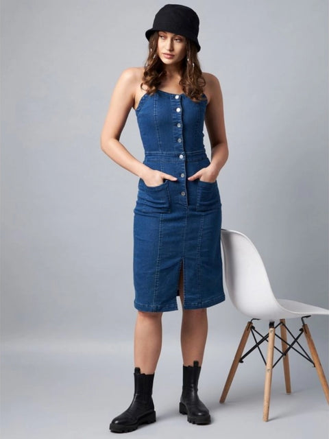 Generic Women's Denim Lycra Solid Square Neck Shoulder Straps Dress (Blue)