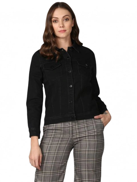Generic Women's Denim Solid Long Sleeve Jacket (Black)