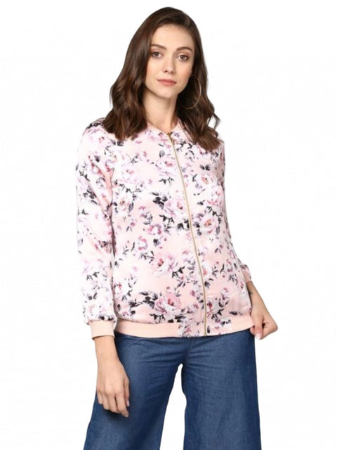 Generic Women's Satin Floral 3/4th Sleeve Jacket (Light Pink)