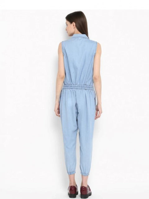 Generic Women's Denim Solid Sleeveless Jumpsuit (Blue)