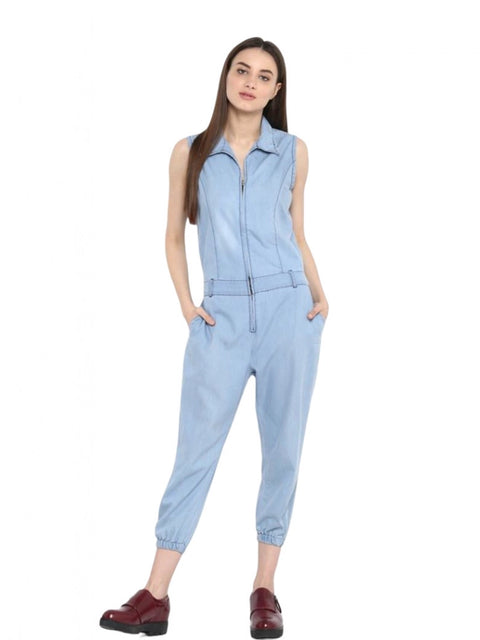 Generic Women's Denim Solid Sleeveless Jumpsuit (Blue)