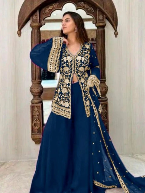 Generic Women's Georgette Embroidery 3-4th Sleeve V-Neck Kurti, Palazzo And Dupatta Set (Morpich)