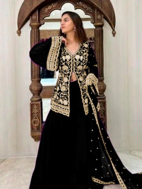 Generic Women's Georgette Embroidery 3-4th Sleeve V-Neck Kurti, Palazzo And Dupatta Set (Black)