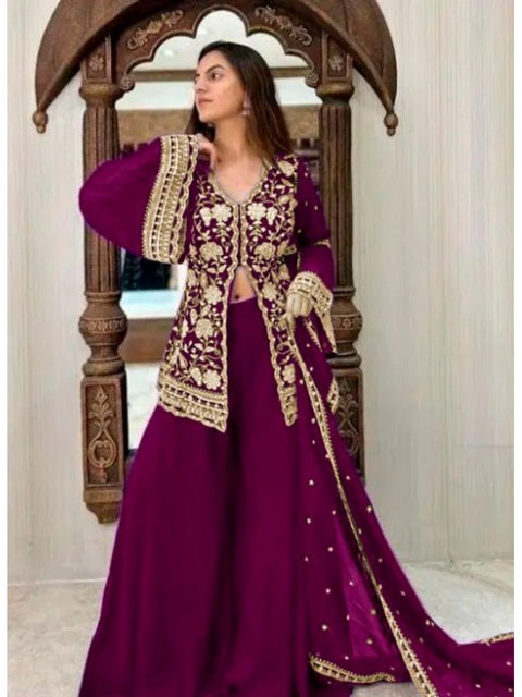 Generic Women's Georgette Embroidery 3-4th Sleeve V-Neck Kurti, Palazzo And Dupatta Set (Wine)
