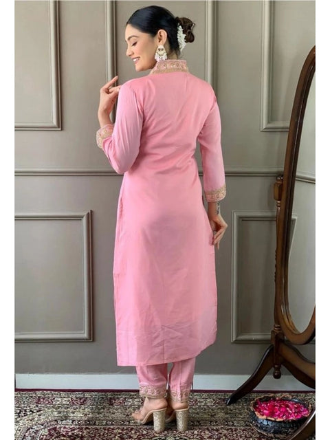 Generic Women's Roman Silk Embroidery 3-4th Sleeve V-Neck Kurti With Pant Dupatta Set (Pink)