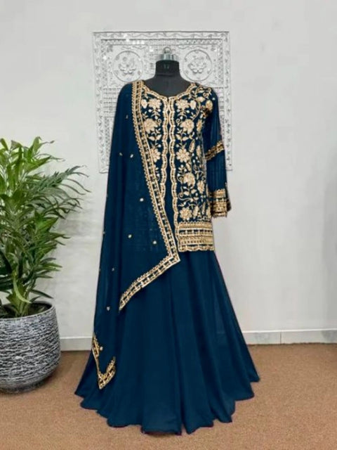 Generic Women's Georgette Embroidery 3-4th Sleeve V-Neck Kurti, Palazzo And Dupatta Set (Morpich)