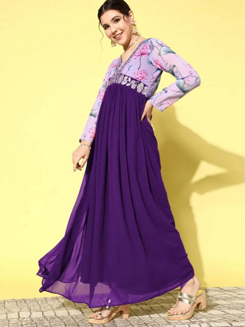 Generic Women's Georgette Embroidery 3-4th Sleeve V-Neck Kurti (Purple)