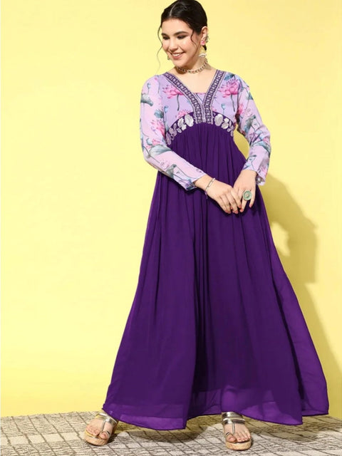Generic Women's Georgette Embroidery 3-4th Sleeve V-Neck Kurti (Purple)