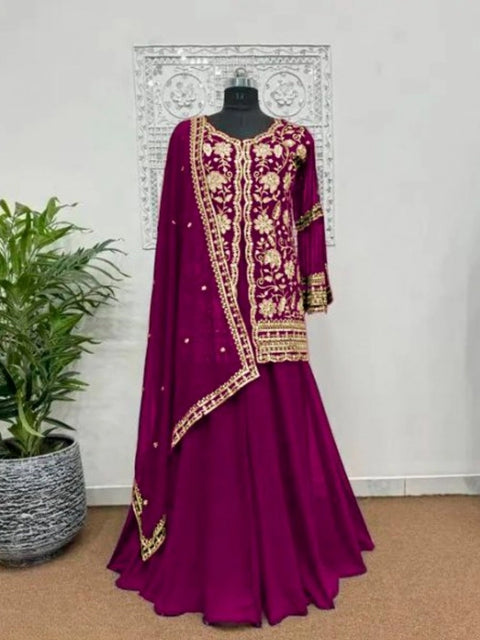 Generic Women's Georgette Embroidery 3-4th Sleeve V-Neck Kurti, Palazzo And Dupatta Set (Wine)