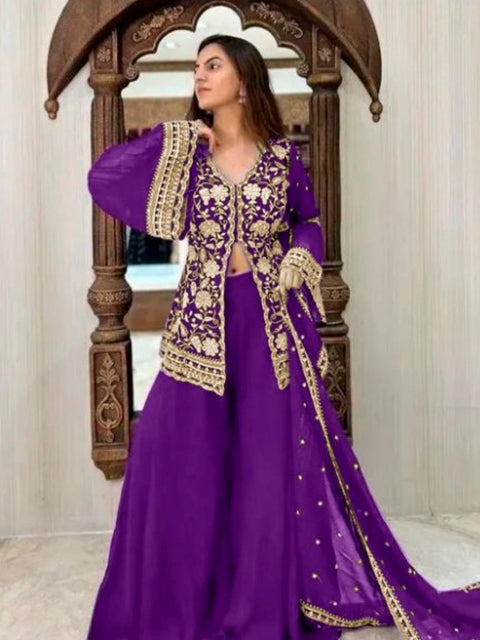 Generic Women's Georgette Embroidery 3-4th Sleeve V-Neck Kurti, Palazzo And Dupatta Set (Purple)