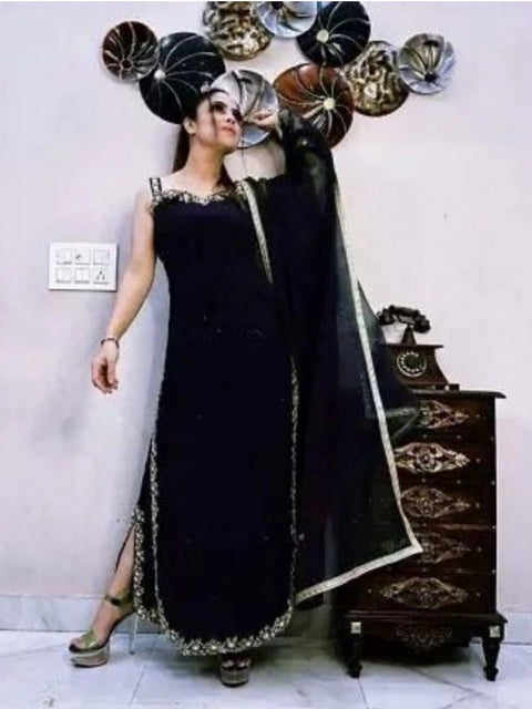 Generic Women's Georgette Embroidery Sleeveless Round Neck Kurti, Palazzo And Dupatta Set (Black)