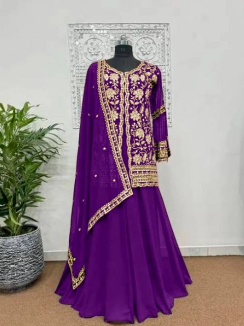 Generic Women's Georgette Embroidery 3-4th Sleeve V-Neck Kurti, Palazzo And Dupatta Set (Purple)