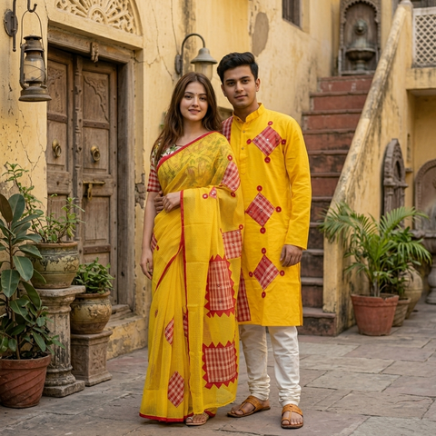 Kota Saree & Cotton Punjabi Matching Couple Combo