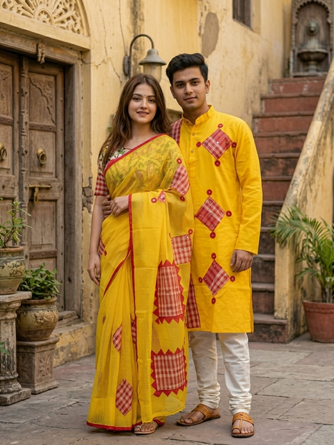 Kota Saree & Cotton Punjabi Matching Couple Combo