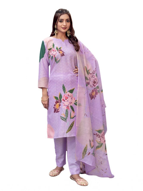 Generic Women's Cotton Blend Printed Kurti With Pant Dupatta Set (Lavender)