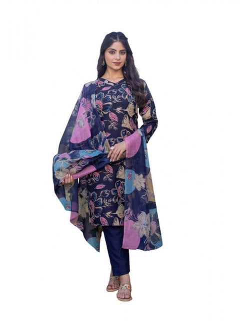 Generic Women's Cotton Blend Printed Kurti With Pant Dupatta Set (NavyBlue)