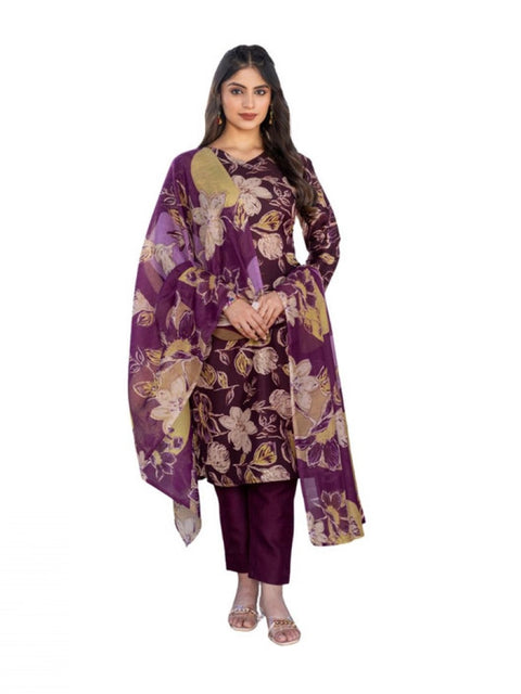 Generic Women's Cotton Blend Printed Kurti With Pant Dupatta Set (Purple)