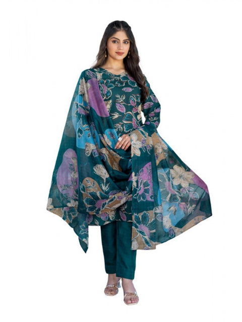Generic Women's Cotton Blend Printed Kurti With Pant Dupatta Set (Rama)