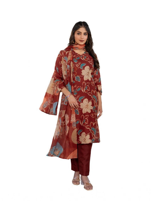 Generic Women's Cotton Blend Printed Kurti With Pant Dupatta Set (Rust)
