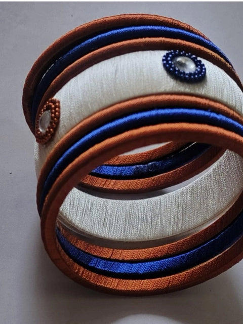 Women's Plastic Silk Thread Bangles (White-Brown-Blue, Size: 2.8)