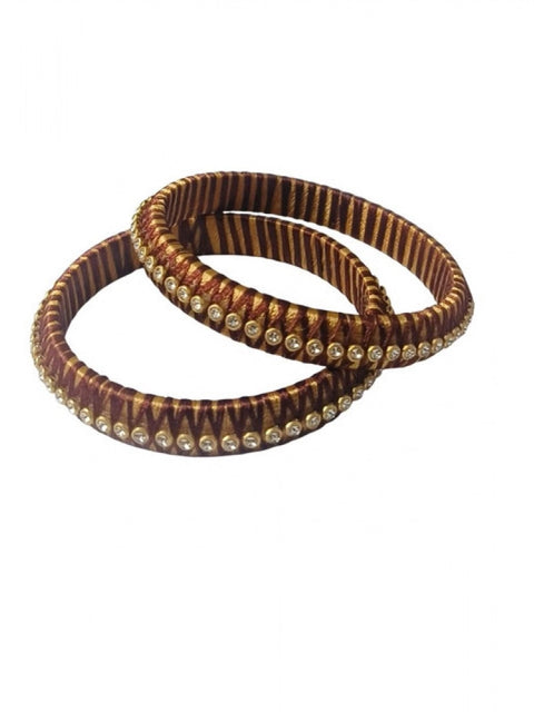 Women's Plastic Silk Thread Bangles (Gold-Dark Brown, Size: 2.6)