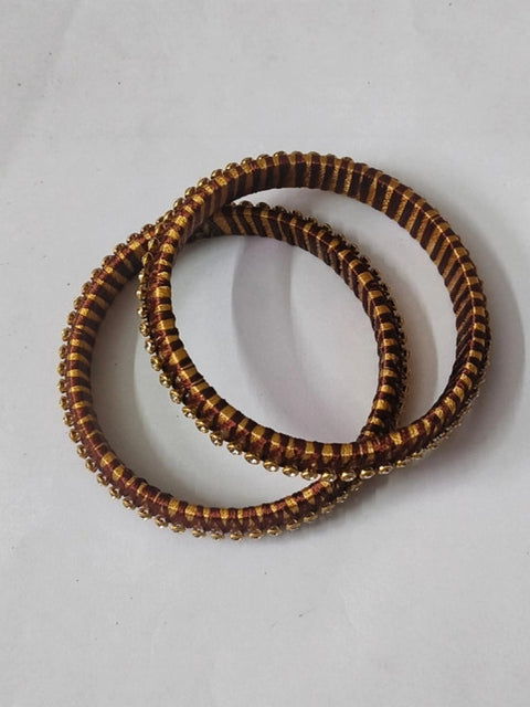 Women's Plastic Silk Thread Bangles (Gold-Dark Brown, Size: 2.6)