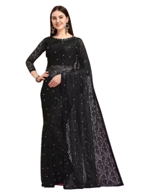Women's Net Self Design Saree With Unstitched Blouse 5.5Mtr (Black)