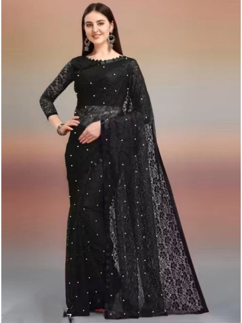 Women's Net Self Design Saree With Unstitched Blouse 5.5Mtr (Black)