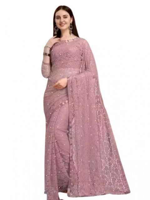 Women's Net Self Design Saree With Unstitched Blouse 5.5Mtr (Light Brown)