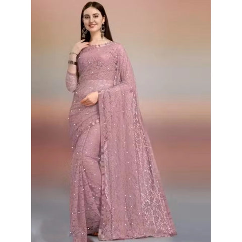 Generic Women's Net Self Design Saree With Unstitched Blouse 5.5Mtr (Light Brown)
