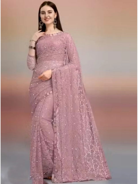 Women's Net Self Design Saree With Unstitched Blouse 5.5Mtr (Light Brown)