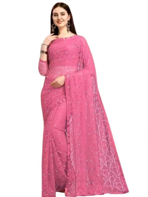 Women's Net Self Design Saree With Unstitched Blouse 5.5Mtr (Dark Pink)