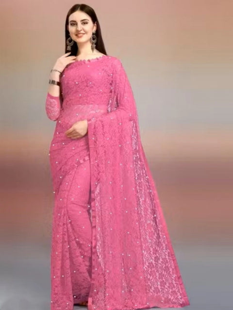 Women's Net Self Design Saree With Unstitched Blouse 5.5Mtr (Dark Pink)