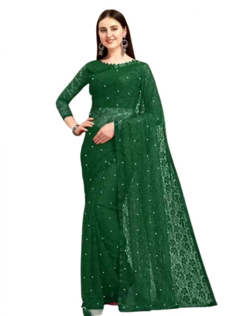 Generic Women's Net Self Design Saree With Unstitched Blouse 5.5Mtr (Green)