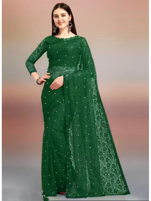 Generic Women's Net Self Design Saree With Unstitched Blouse 5.5Mtr (Green)